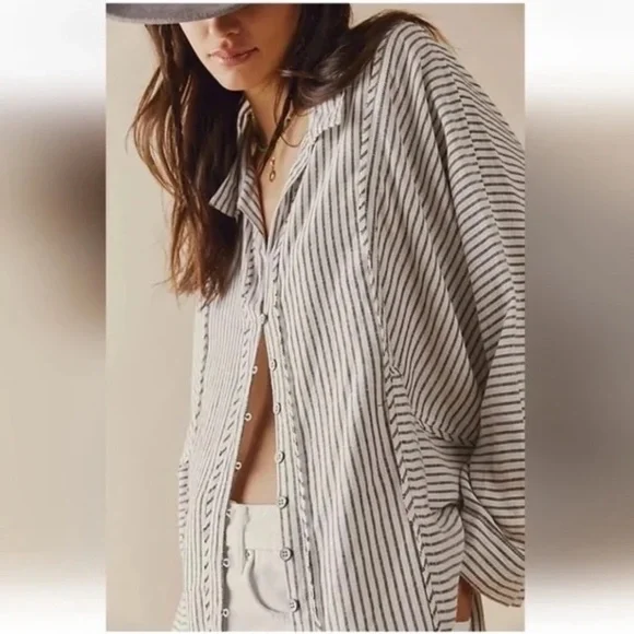 Free People We The Free One & Only Striped Blouse Top Small Linen Black White - Picture 3 of 6